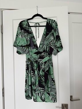 Tropical Leaf Dress with Waist Tie